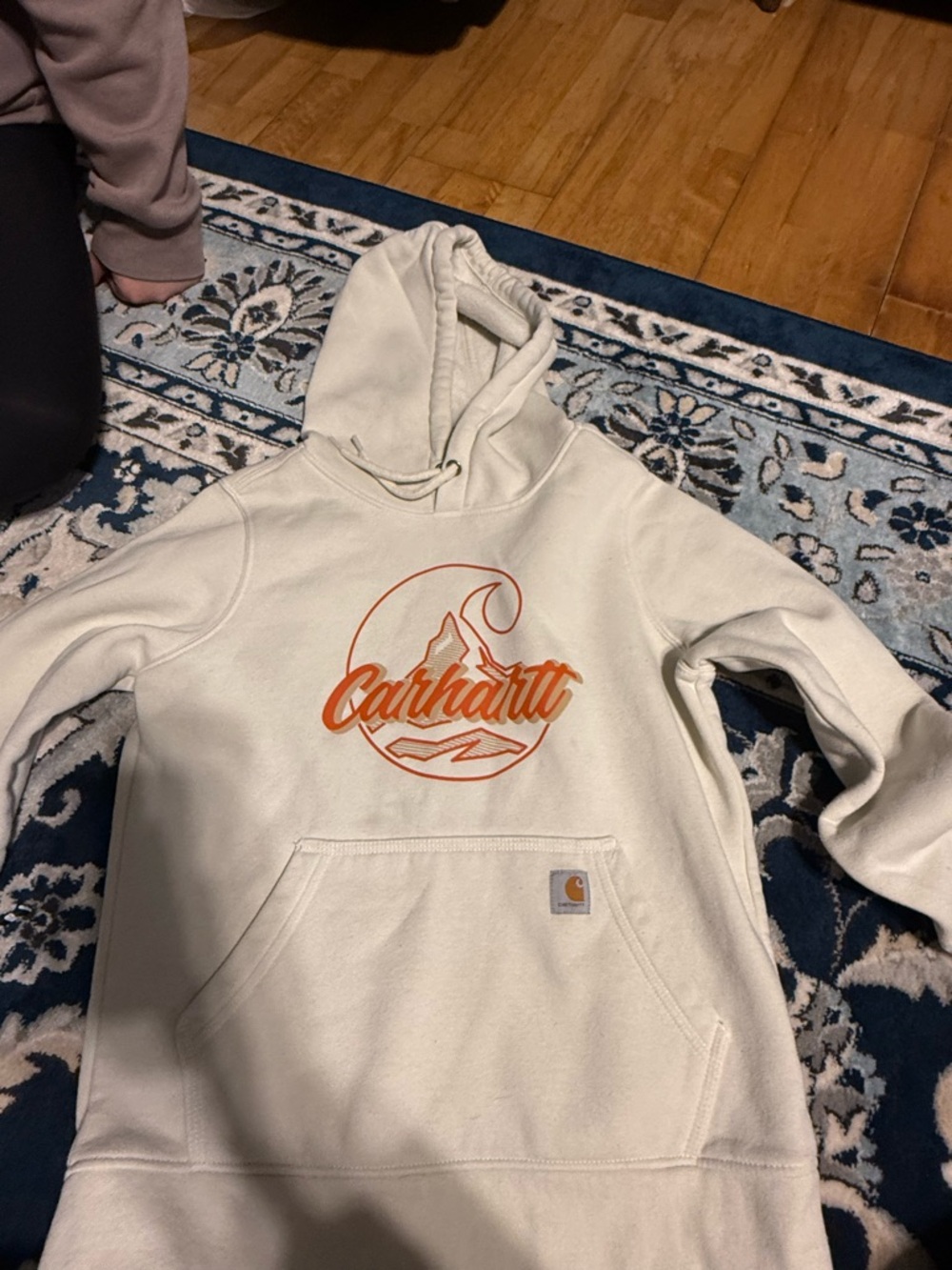 Carhartt Men’s Cream Hoodie with Orange Graphic